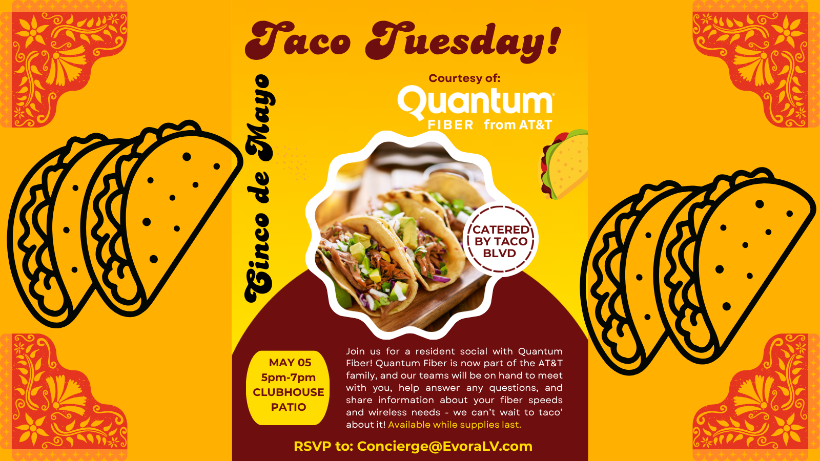 Festive Taco Tuesday flyer with tacos, event details, and Cinco de Mayo decorations in red and yellow tones.