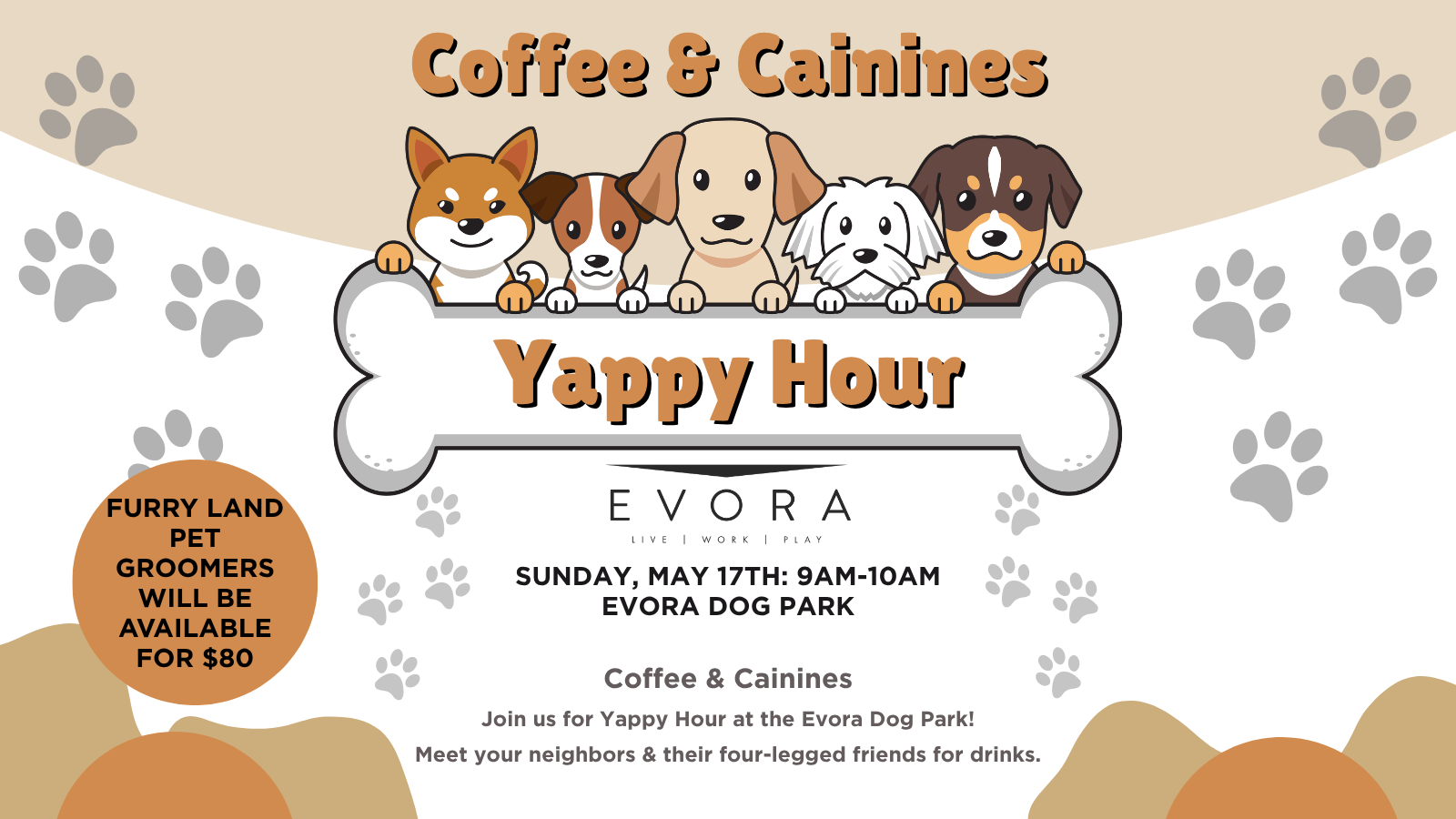 Cartoon dogs above a bone-shaped sign for a "Yappy Hour" dog park event on Sunday, May 17th, 9-10am.