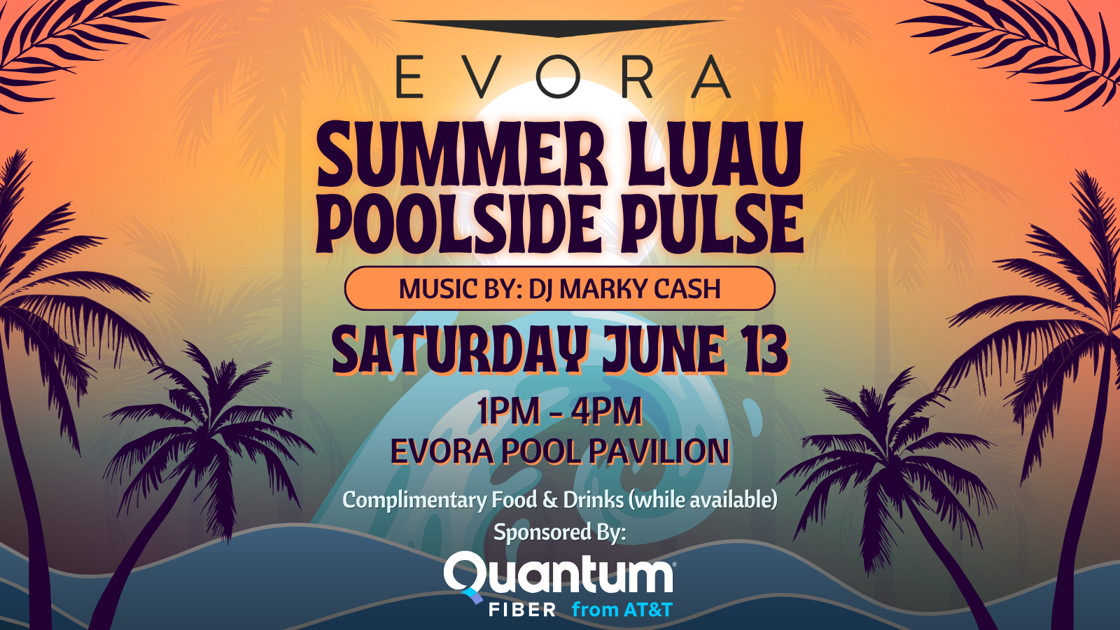 Colorful luau event flyer with palm trees, sunset, event details, and sponsor logos; poolside summer party theme.