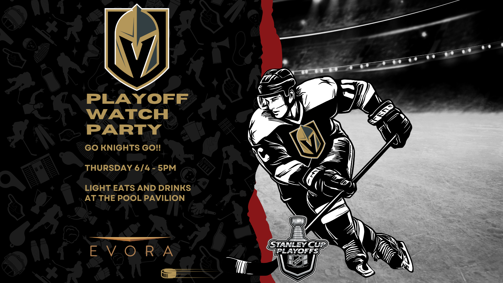 Vegas Golden Knights playoff watch party flyer with a hockey player and event details on a dark background.