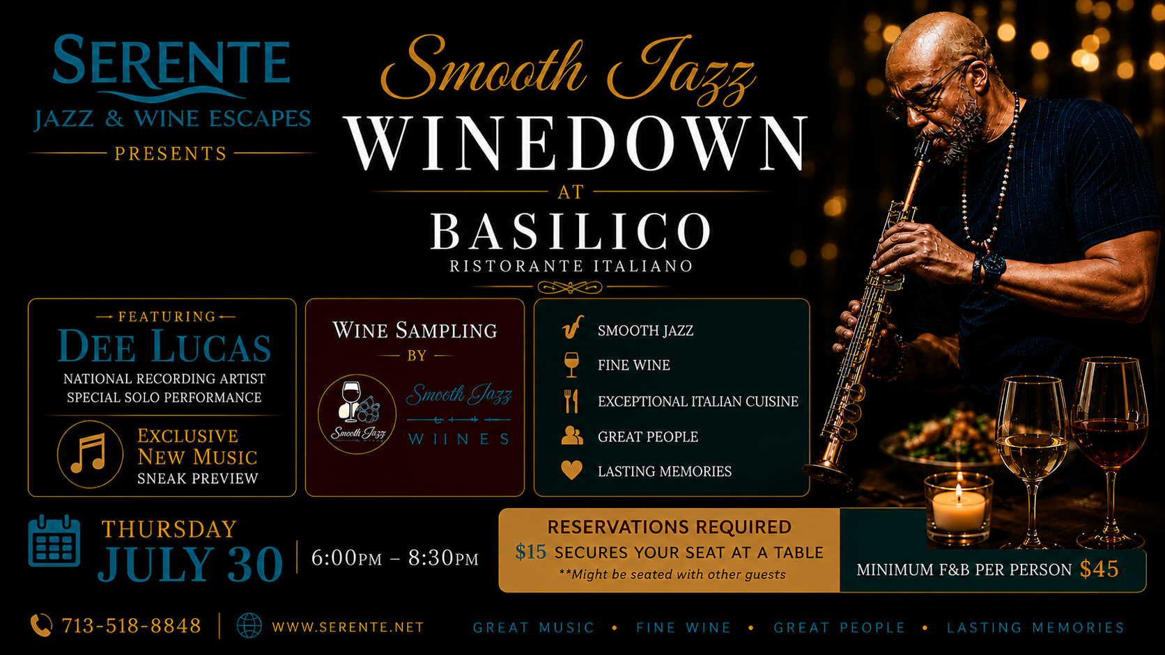 A jazz saxophonist performs on stage at a wine and music event at Basilico Ristorante Italiano, with event details displayed.