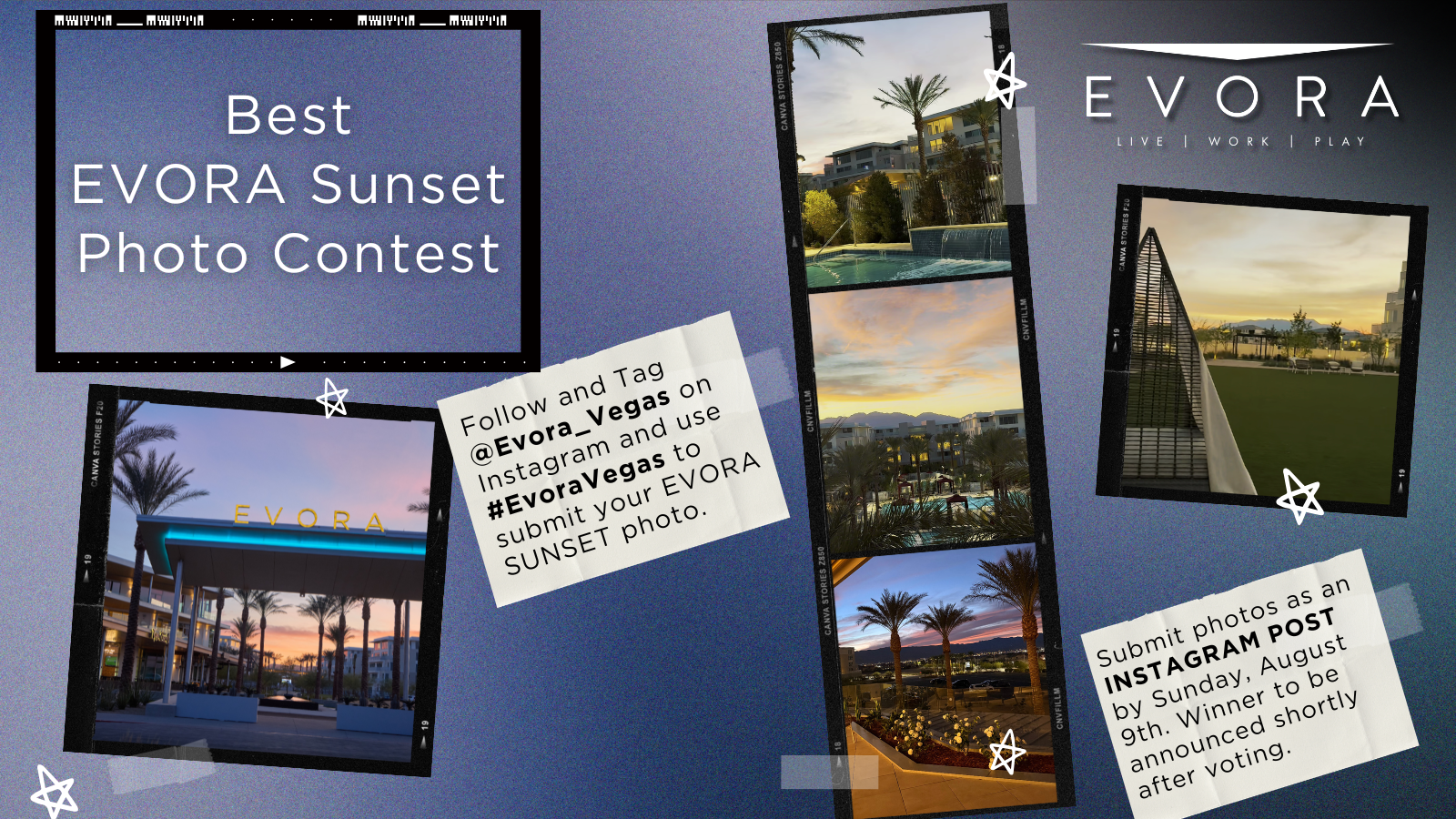Collage of EVORA sunset photos with contest details, Instagram instructions, and decorative stars on a dark background.