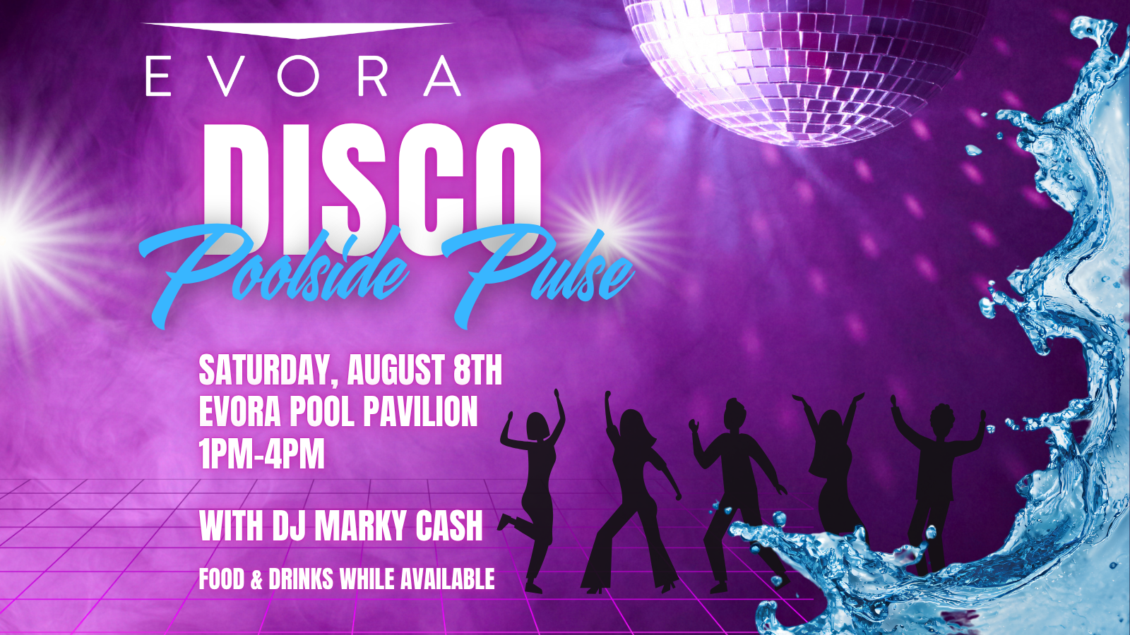 Purple disco-themed event flyer with silhouettes dancing, a splash of water, and event details for a poolside party.