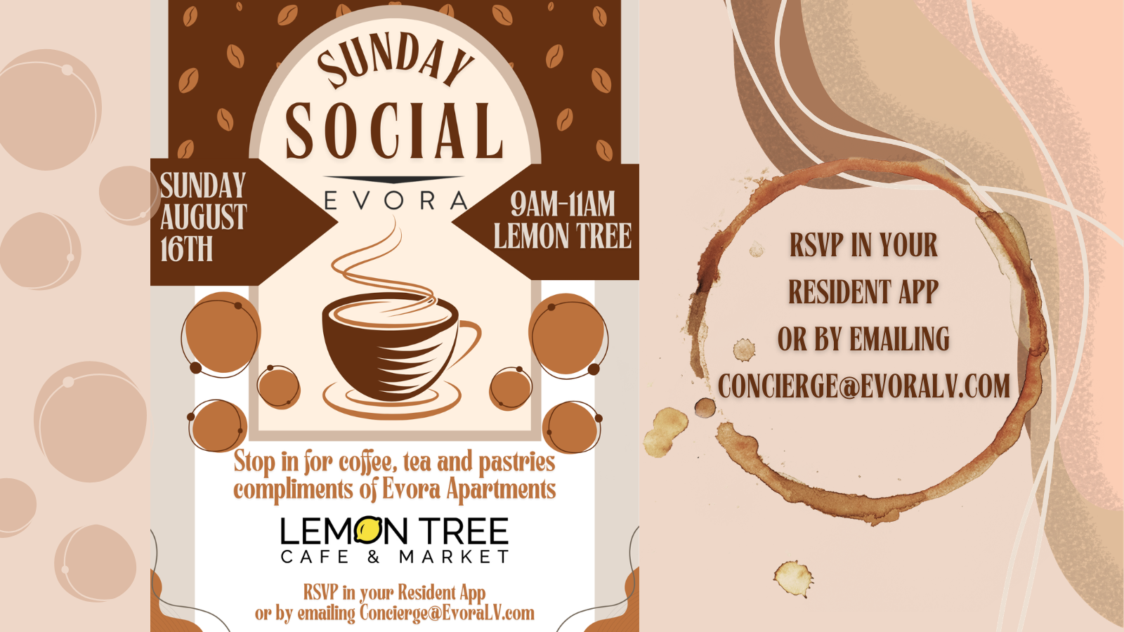 Flyer for a Sunday Social with coffee, tea, and pastries at Lemon Tree Café, August 16th, 9–11am, RSVP by app or email.