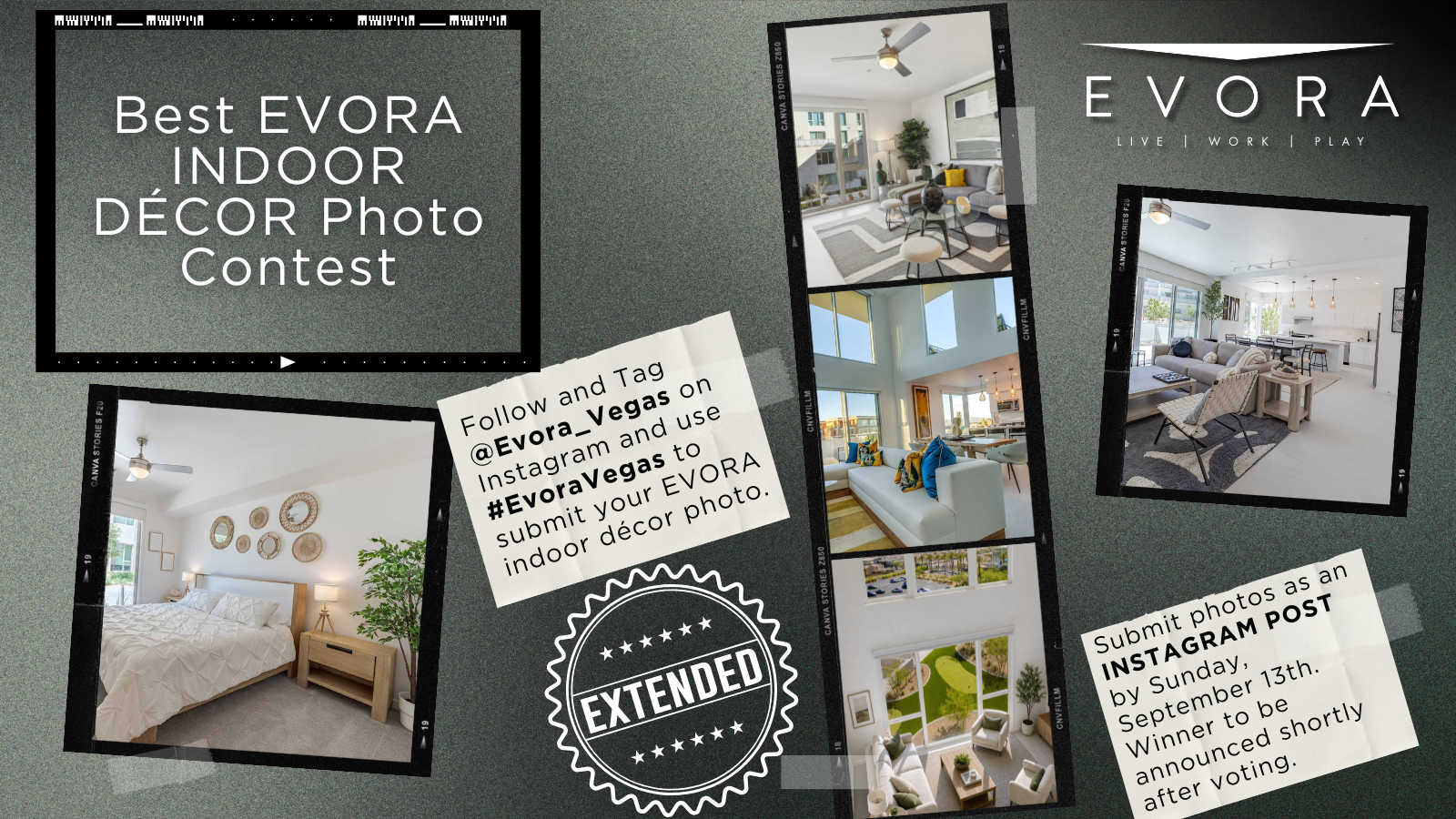 Collage of stylish indoor rooms, contest instructions, and “Best EVORA Indoor Décor Photo Contest” text on a gray background.