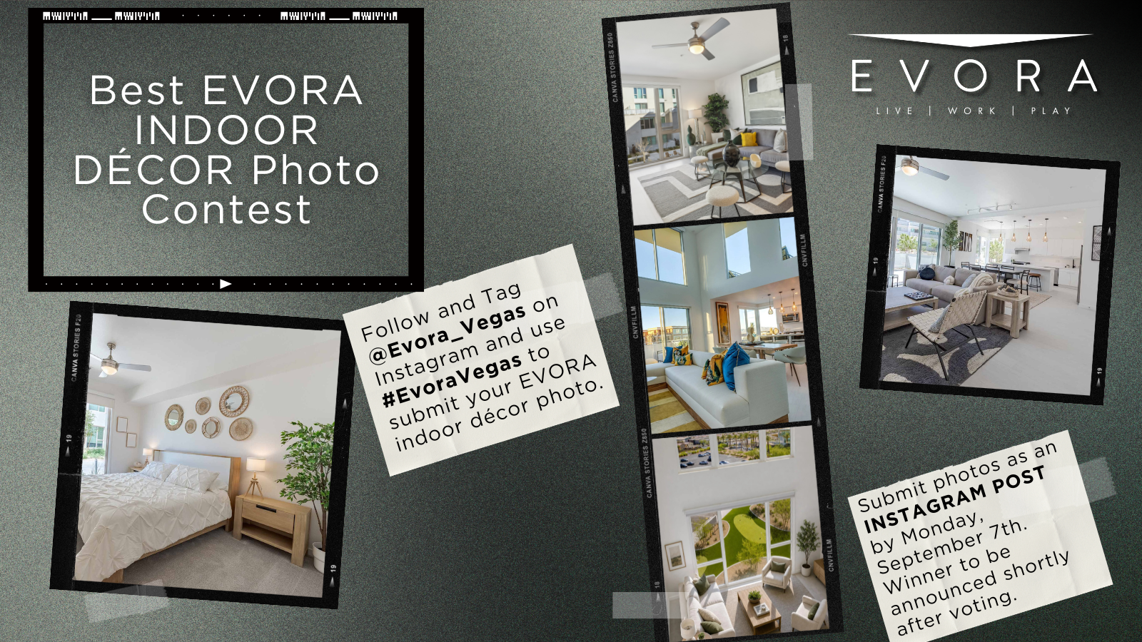 Collage of stylish indoor rooms with contest details for EVORA indoor décor photo competition, including how to enter via Instagram.