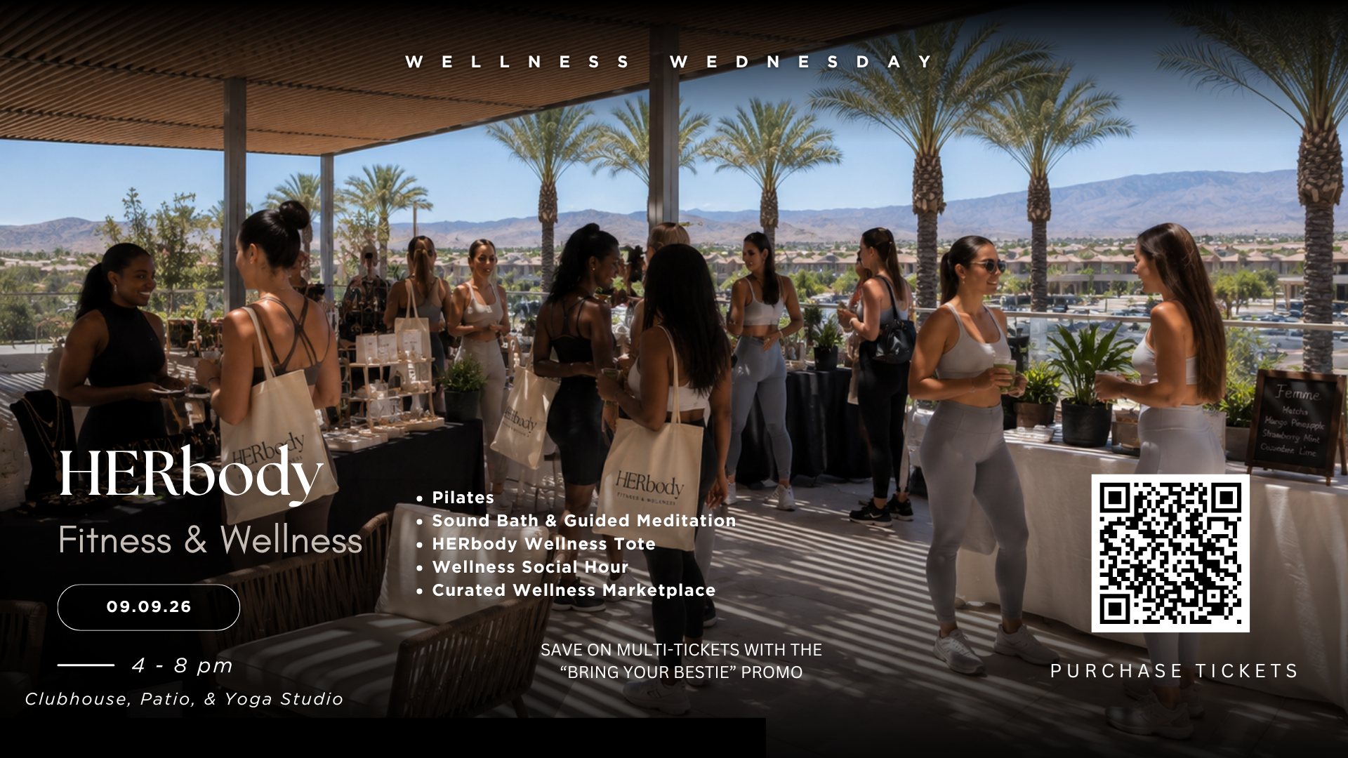 Women socialize at an outdoor fitness and wellness event with a marketplace, palm trees, and mountains in the background.