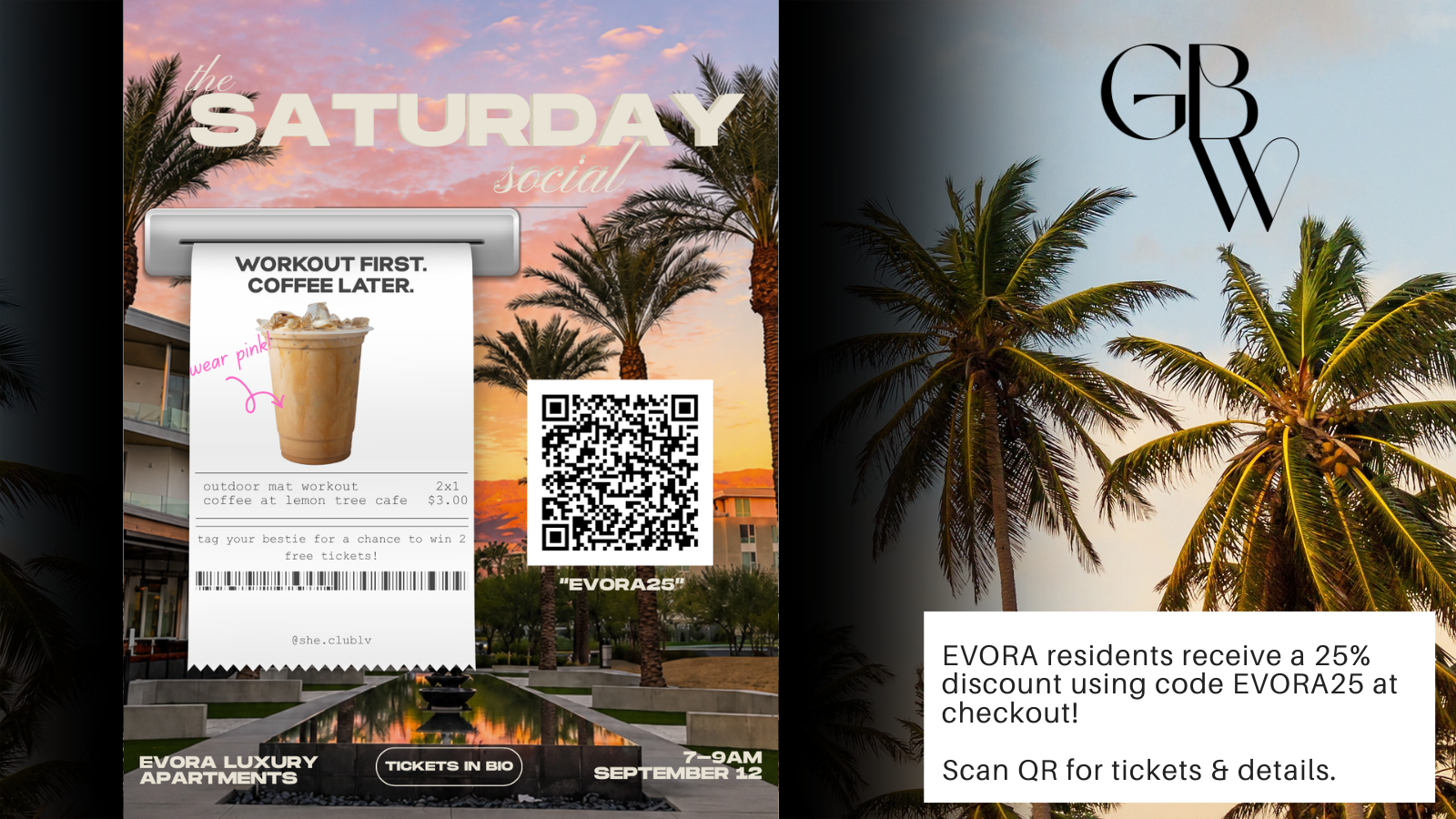 Flyer for a Saturday social at Evora Luxury Apartments with coffee, palm trees, a QR code, and a 25% discount code EVORA25 for tickets.