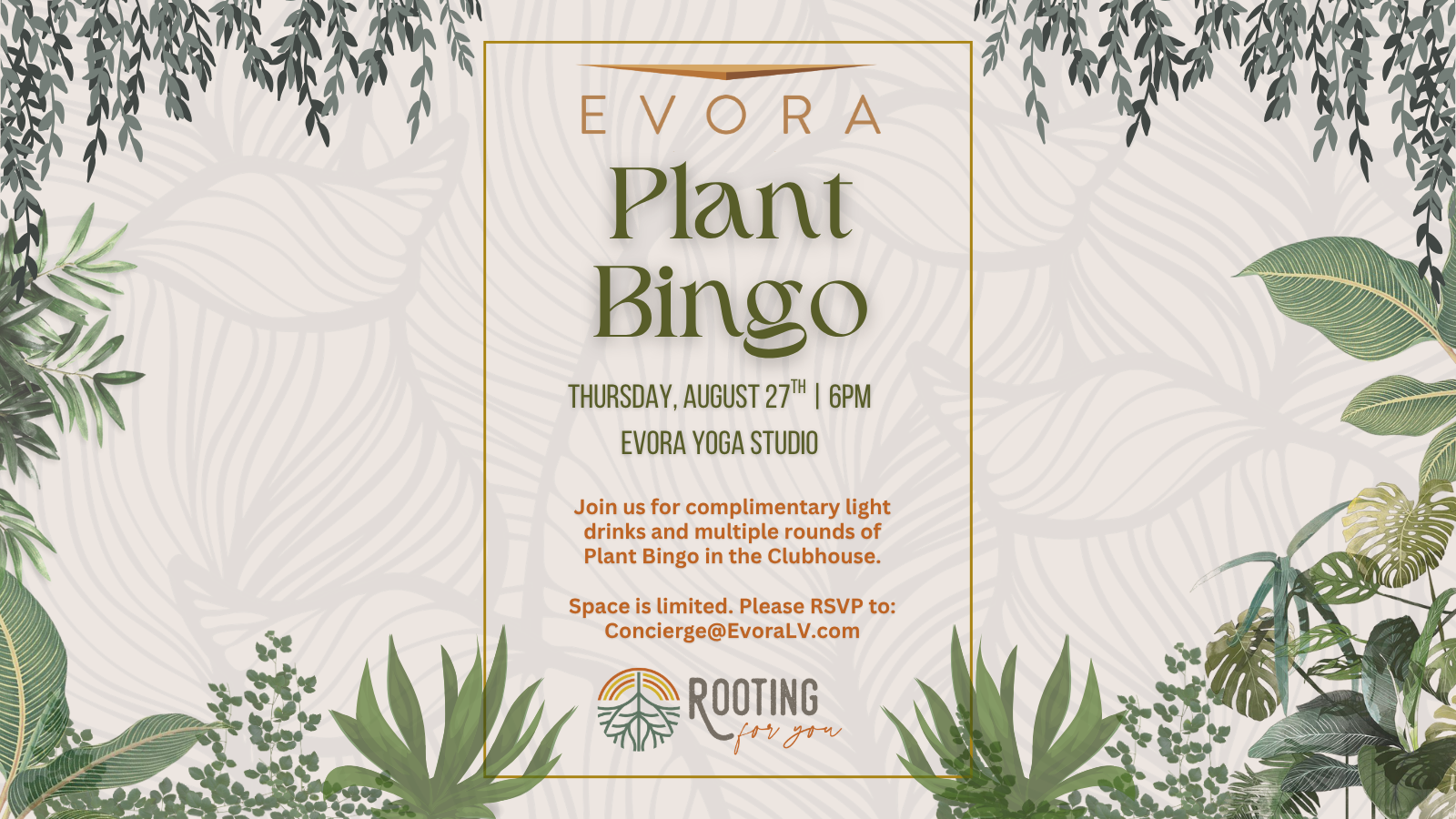 Plant Bingo event flyer with green leaves border, event details, RSVP info, and Rooting for You logo at the bottom.