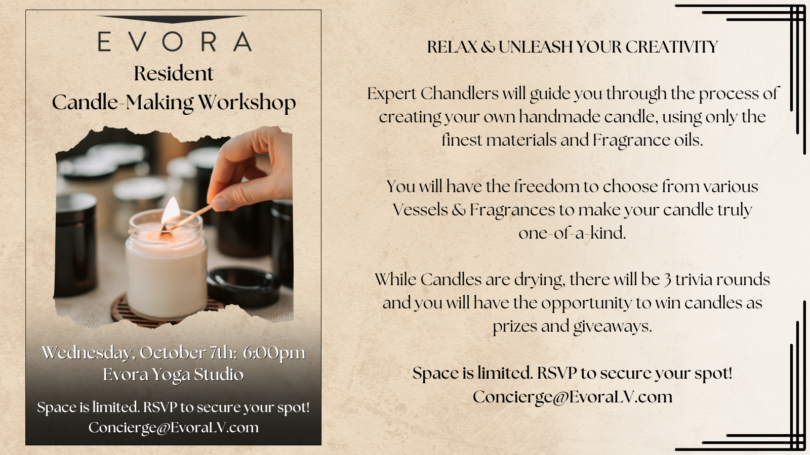 A hand places the lid on a lit candle with event details for a candle-making workshop in the background.