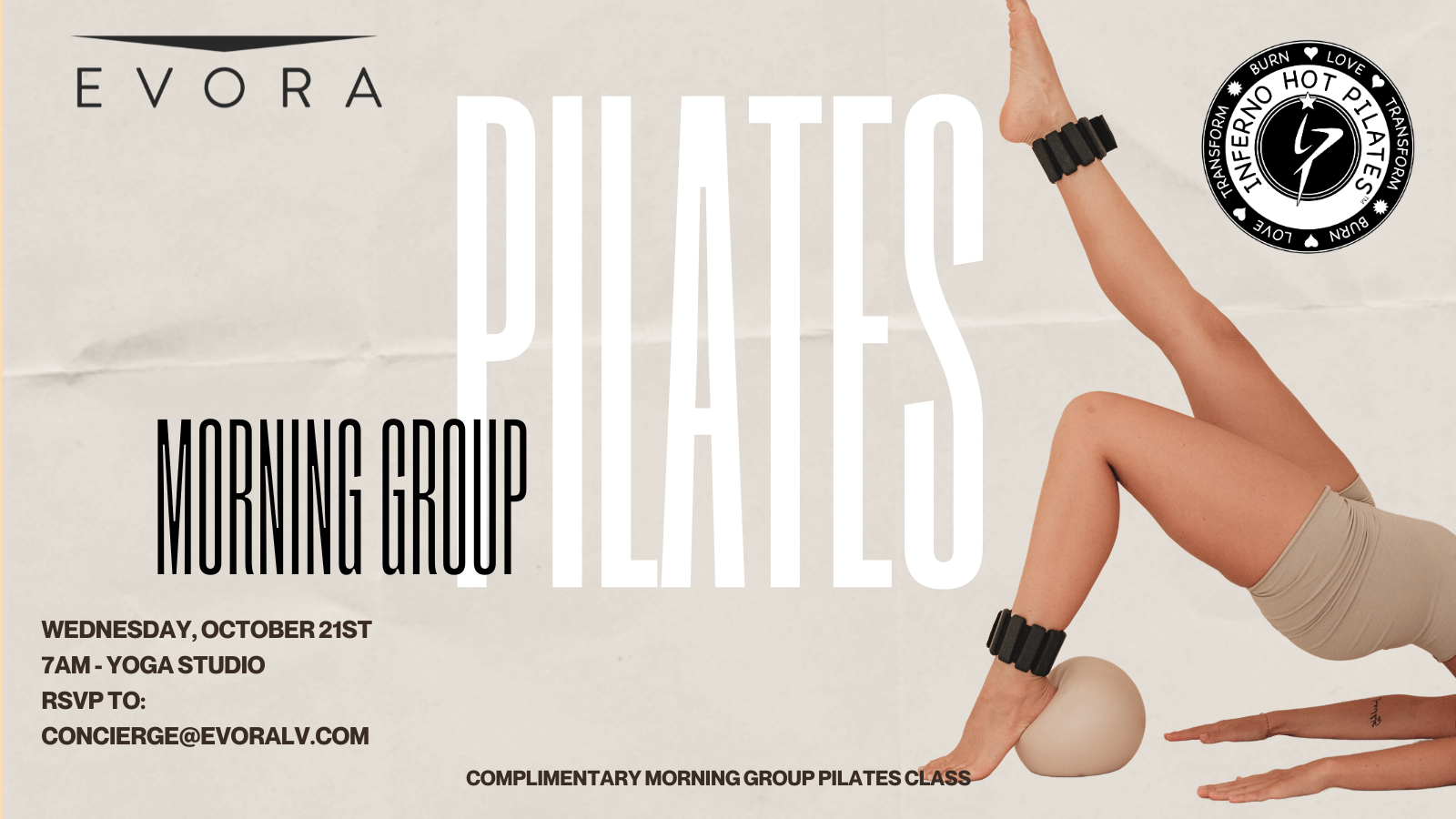 A person doing Pilates with props; event details for a complimentary morning group Pilates class at Evora on October 21st.
