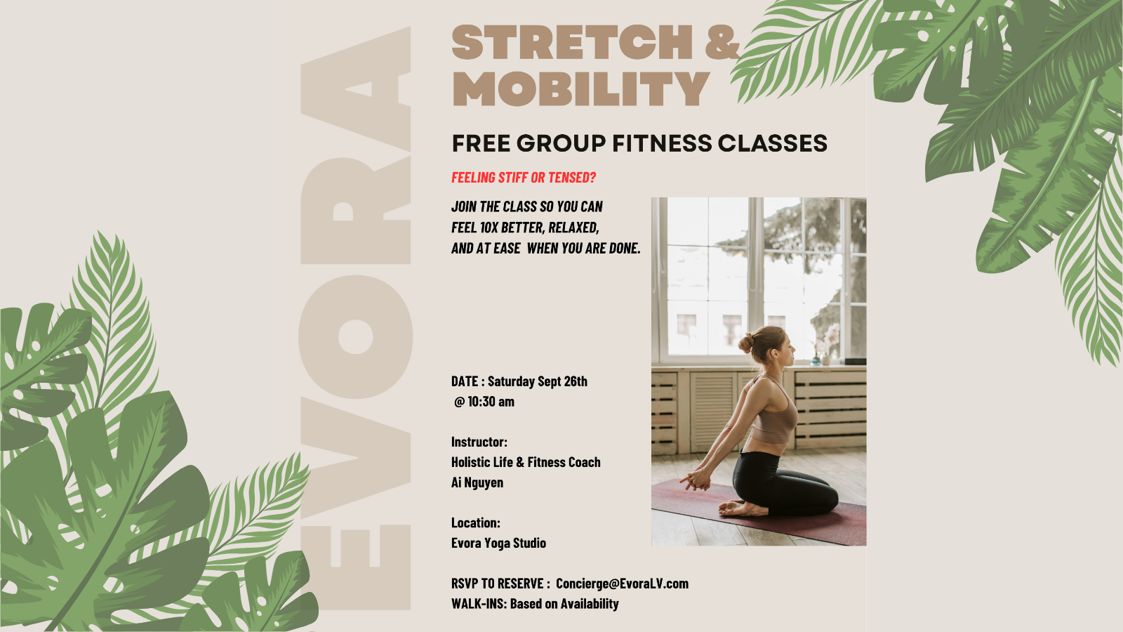 A woman in workout clothes does a seated stretch in a sunlit studio. Event details for a free group fitness class are displayed.