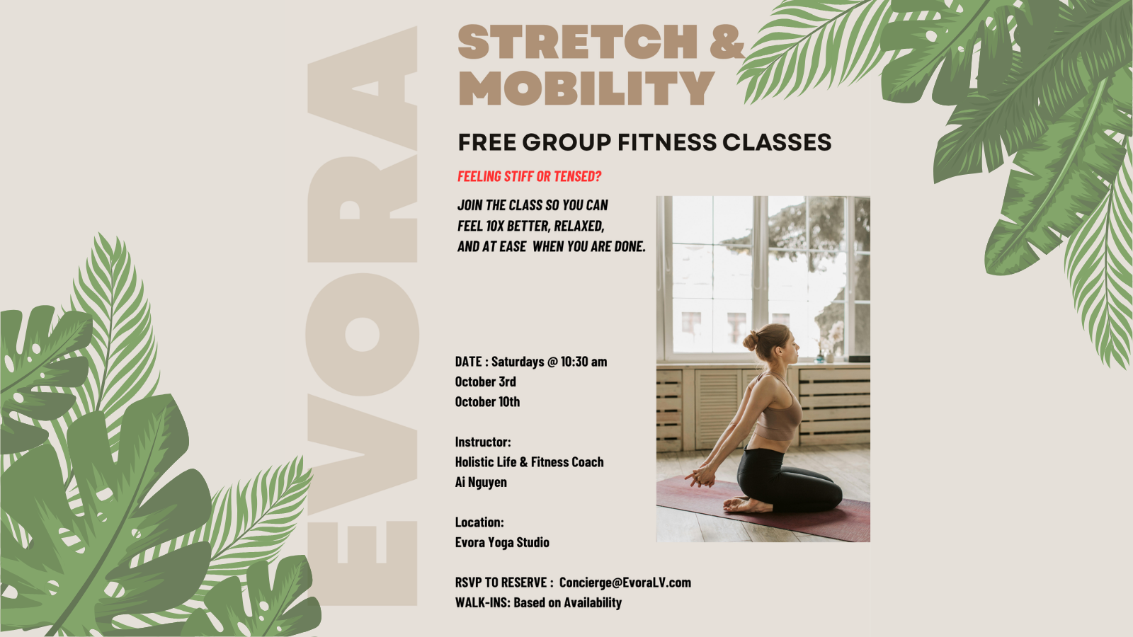 Evora Stretch & Mobility free group fitness class flyer with instructor details, schedule, and RSVP information.