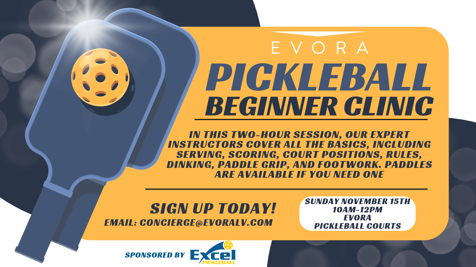 Event flyer for an Evora Pickleball Beginner Clinic on November 15th, including contact details and registration information.